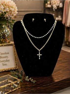 Gold Cross Necklace Earrings Set Layered Rhinestone Dainty Jewelry